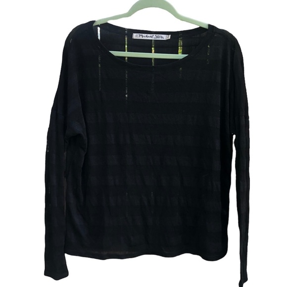 MICHAEL STARS BLACK SHEER STRIPED LONG SLEEVE TEE - Picture 1 of 5